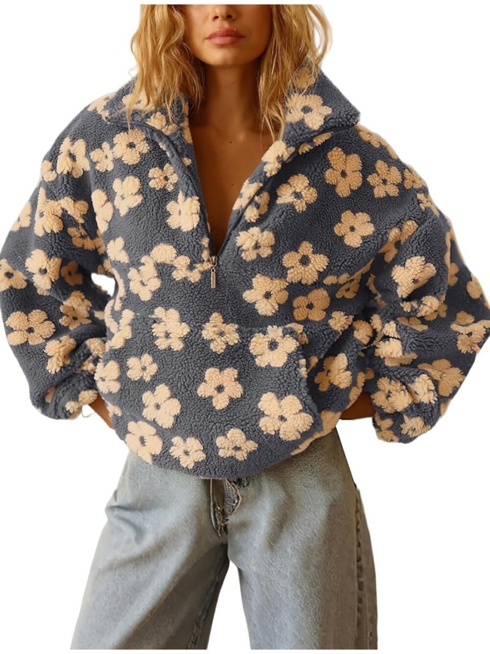 Women’s Grey Yellow Floral Faux Fur Fleece Pullover Y2k Sherpa ZIP Winter Jacket